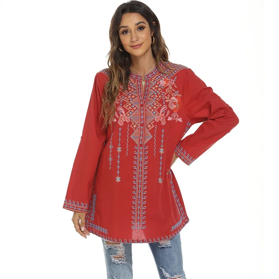 Le Luz Floral Embroidery Long Blouses Shirt Red Boho Mexican Shirts Autumn Long Sleeve Women 2xl 3xl Ethnic Hippie Tops