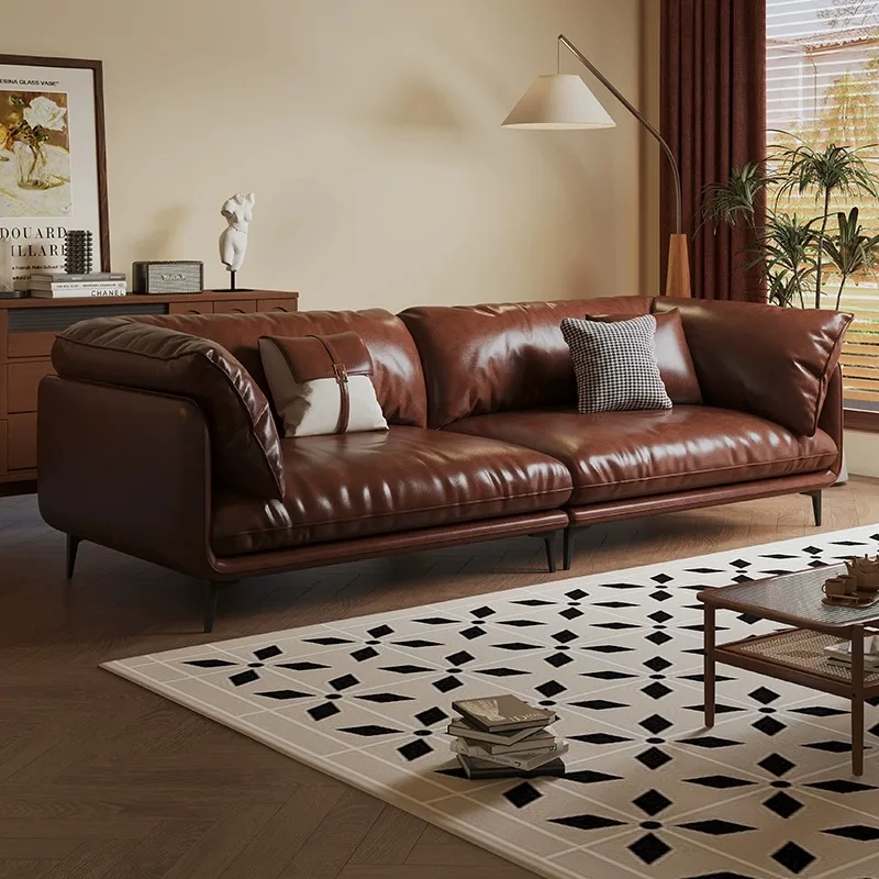 American Retro Oil Wax Leather Sofa, Living Room, Extremely Simple French Style, Light Luxury, Three Person Small Apartment