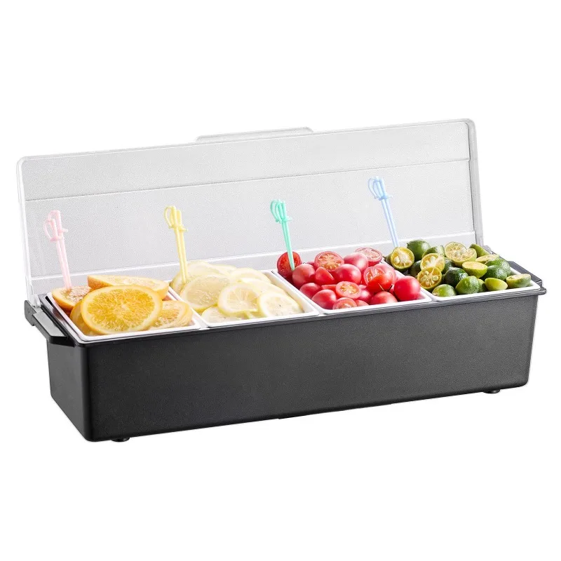 

4 Compartment Ice Cooled Condiment Server With Lid BPA-Free Detachable Bar Caddy For Taco Salad Fruit Home Outdoor Use