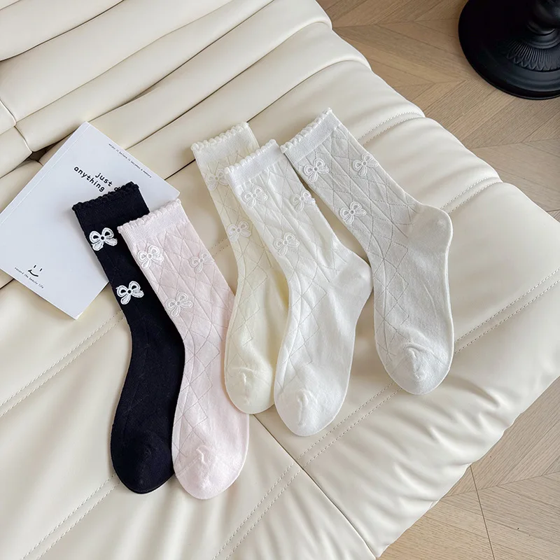 

1 Pair Diamond Jacquard Crew Socks Combed Cotton School Socks for Girl Summer Breathable Embroidered Bow Patch Solid Color Sock