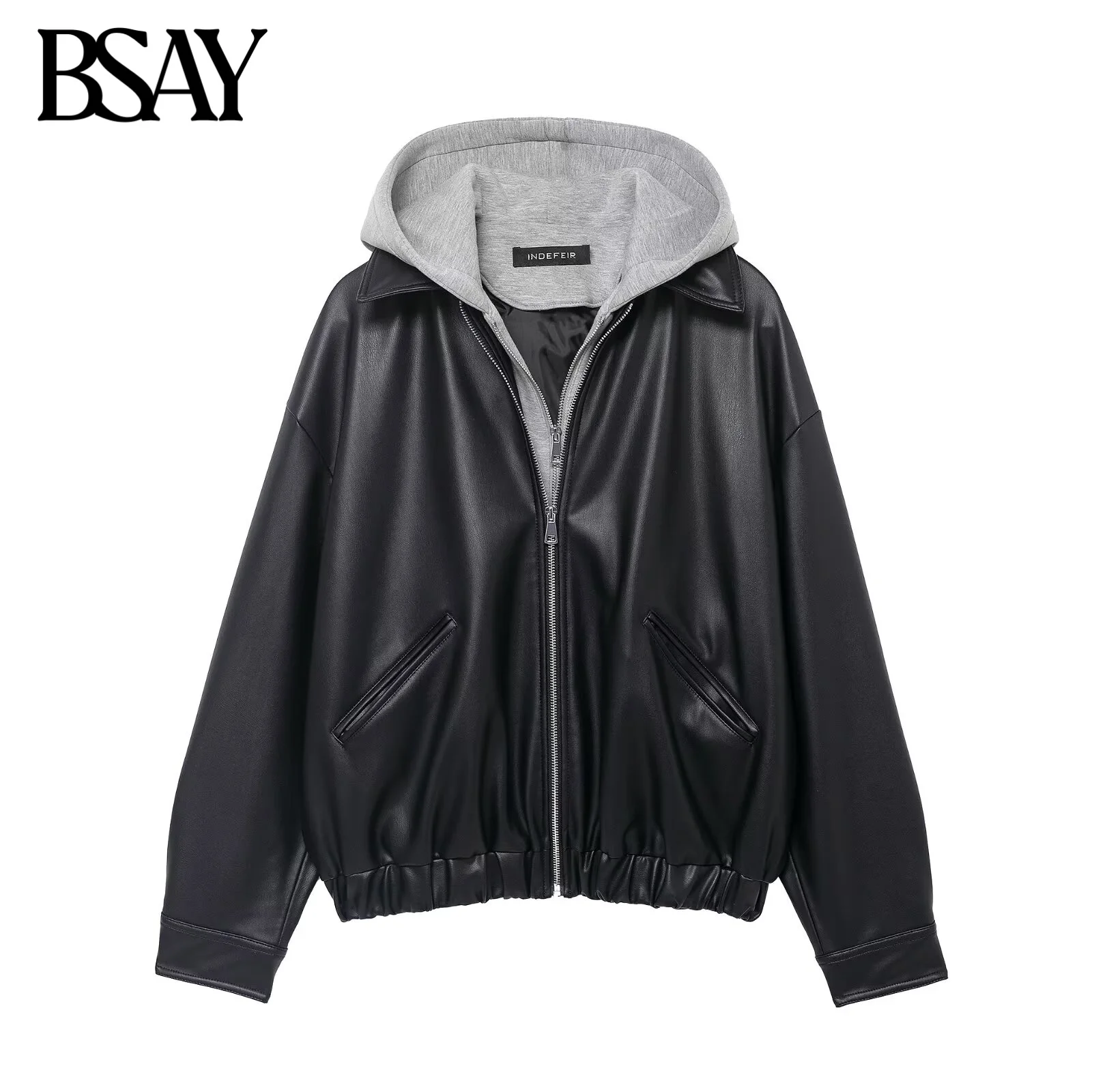 

BSAY Spliced Leather Effect Jacket for Women Fashion Autumn Winter New Pocket Long Sleeve Double Zipper Hood Short Jackets Coat