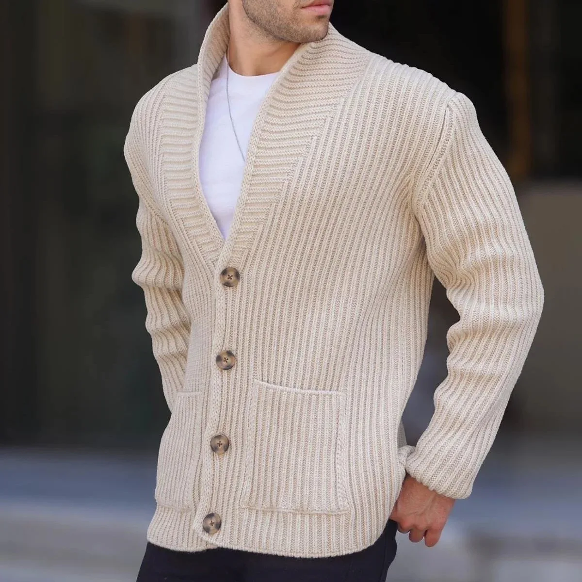 2024 Men's Casual Knitted Cardigan Autumn and Winter New Single-Breasted Long Sleeve Lapel Sweater