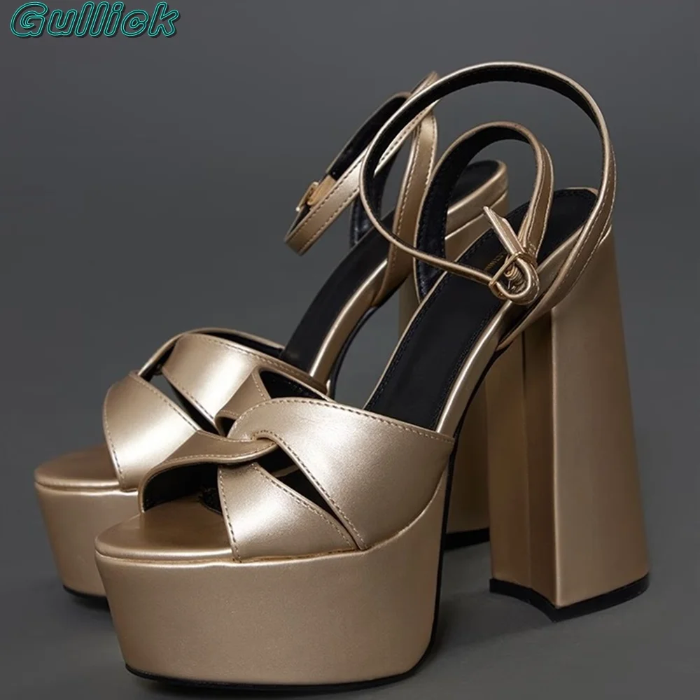 Gullick Gold Pu Sandals Open Toe High Heels Platform Ankle Buckle Strap Slingbacks Chunky Heels Square Heels Block Women Sandals