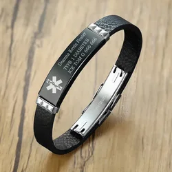 Pulsera médica de cuero de geruina negra para hombres, etiqueta de identificación de alerta médica con grabado gratuito, pulsera personalizada DIABETES