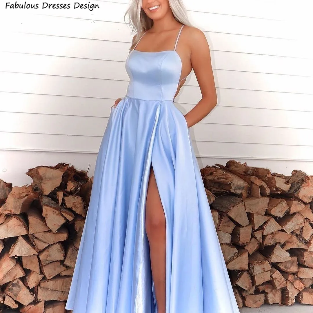 

Sky Blue Long Prom Dresses Satin A-line Spaghetti Straps Criss-cross Backless Slit Pockets Evening Dress Party For Women