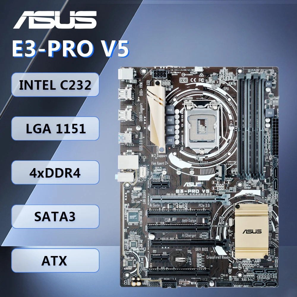 Placa-mãe ASUS E3-PRO V5 ATX Intel C232 Chipset LGA1151 DDR4 64GB SATA3 M.2 para Intel Core i7/i5/i3/Pentium/Celeron