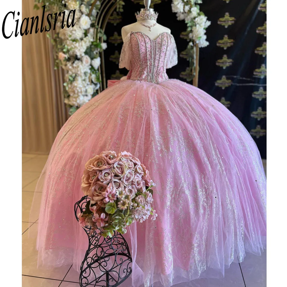 Vestido De quinceañera mexicana con hombros descubiertos, rosa, brillante, para fiesta De cumpleaños, graduación, 2024