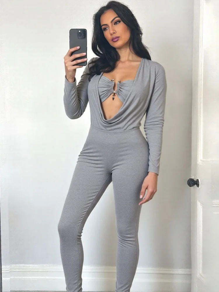 Nibber Swing Collar  Hollow Sexy Fashion Jumpsuits Women Metal Decoration Full Sleeve Skinny Peach Hip Midnight Party Overalls
