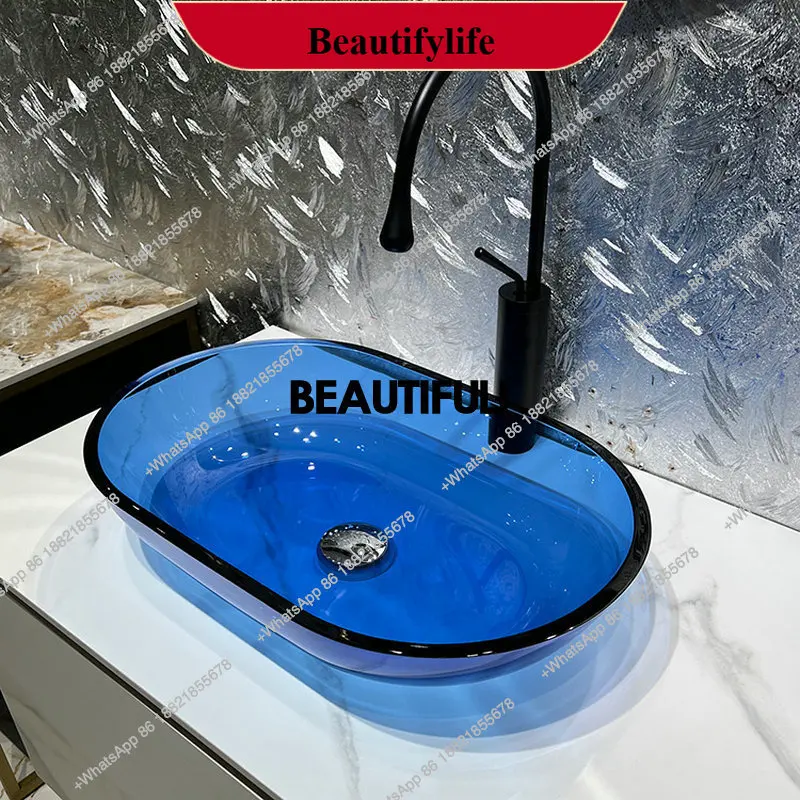 A17  Simple household tempered glass countertop basin, transparent artistic washbasin, homestay light green square washbasin