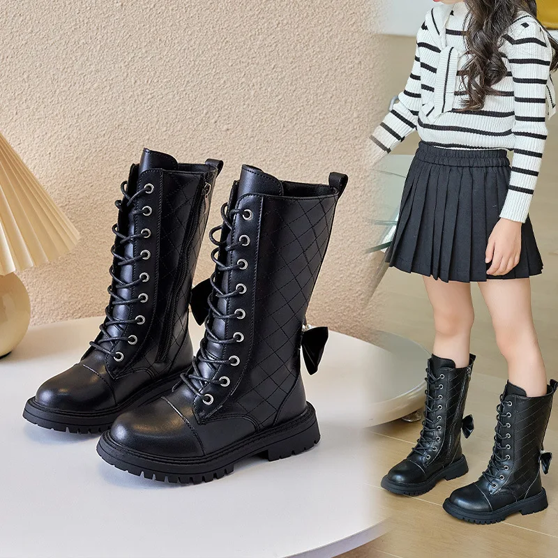 Autumn Winter Girls Casual Boots Fashion Show Children High-top Boots Bow Princess Shoes Windproof Waterproof Outdoor Kids Shoes