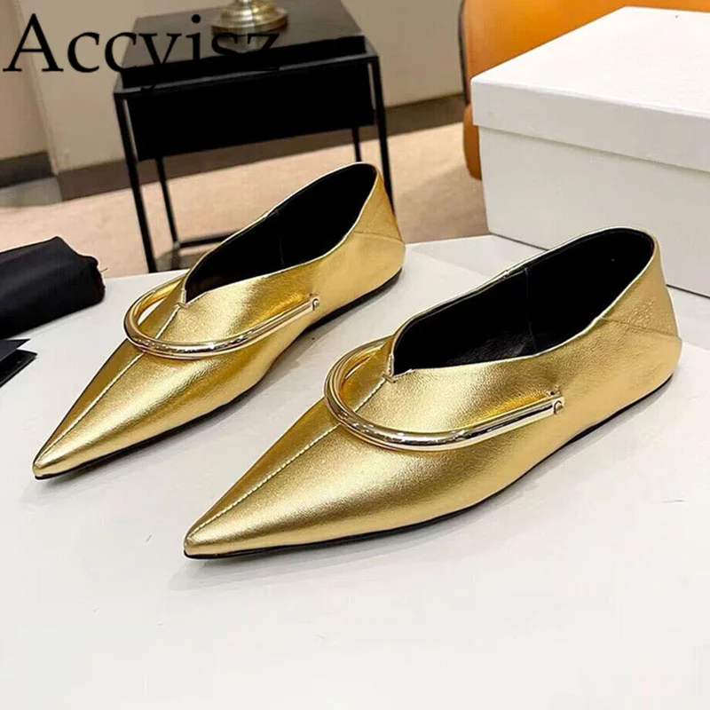 

Spring Autumn Genuine Leather Deep Mouth Loafer Women Square Toe Metal Decor Flat Single Shoes Fashion Party Dress Shoes 2024