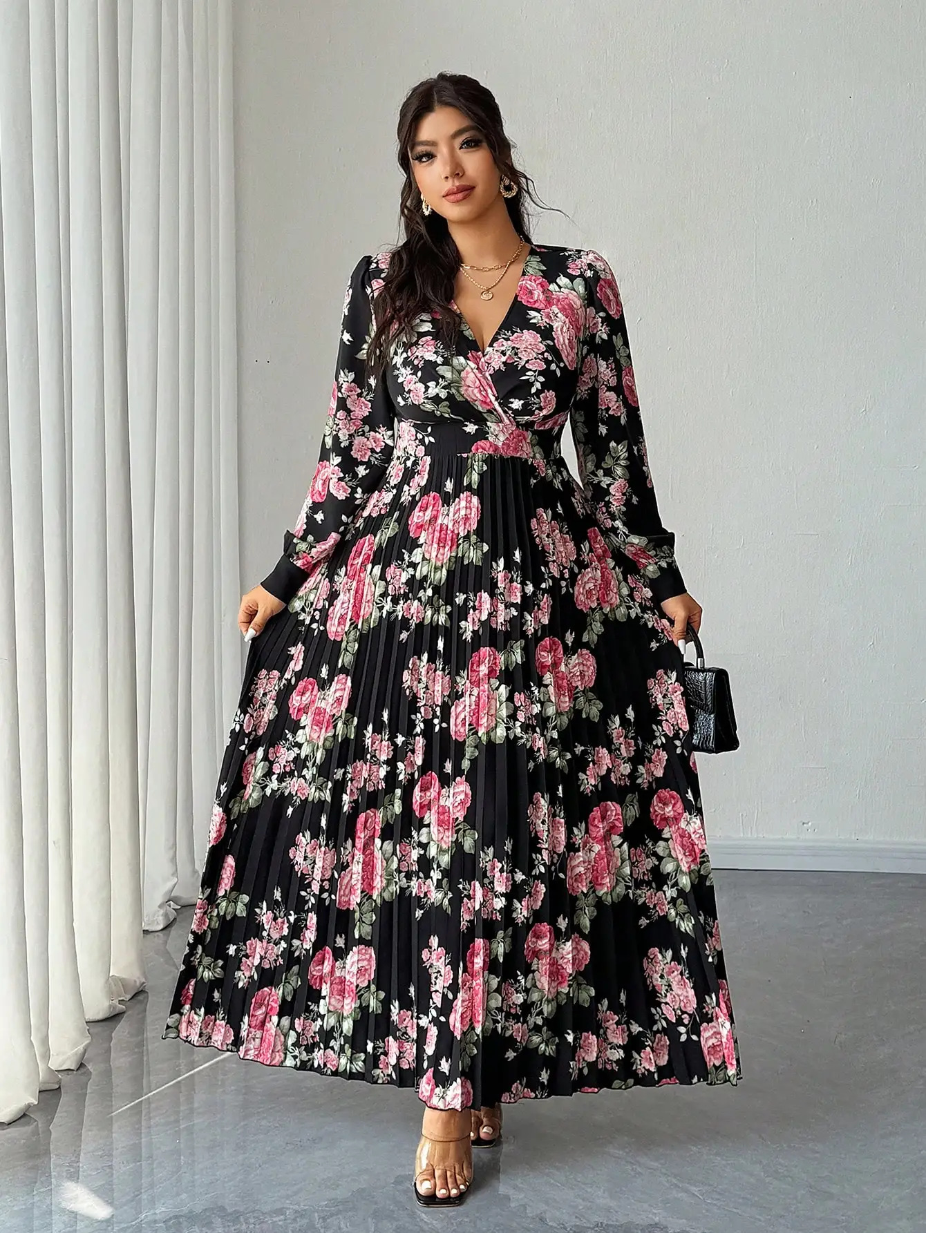 

Elegant Romantic Floral Long Sleeve V-Neck Pleated Maxi Dress For Party Wedding Spring Autumn