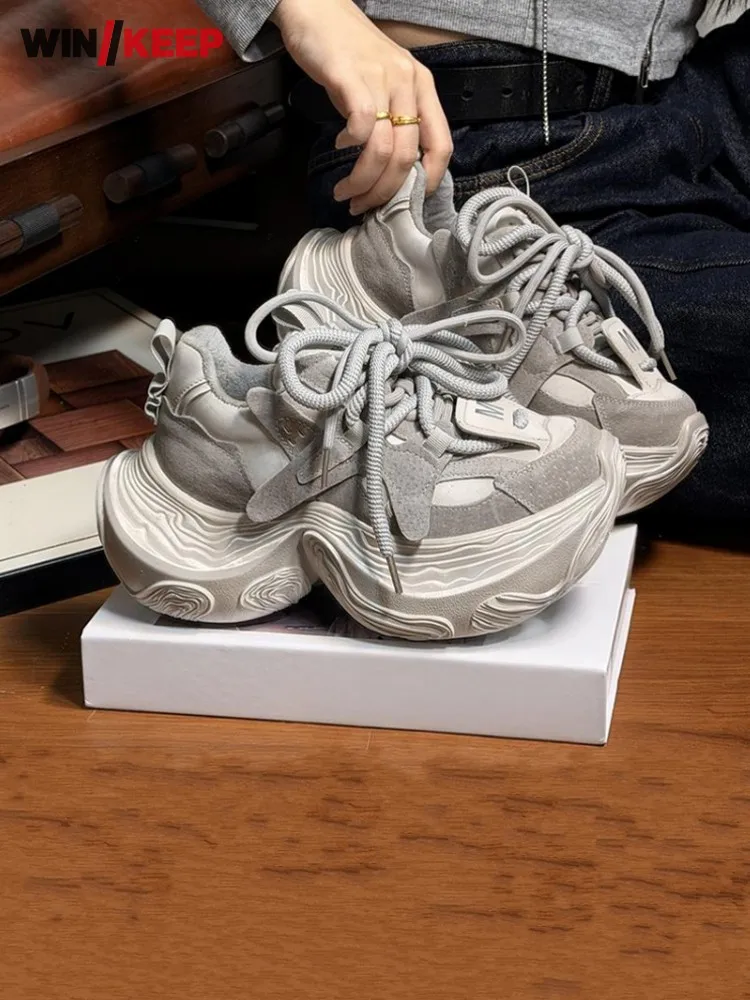 

Женские повседневные сетчатые дышащие кроссовки из натуральной кожи на толстой платформе со шнуровкой, уличные кроссовки для бега, спортивные кроссовки на открытом воздухе