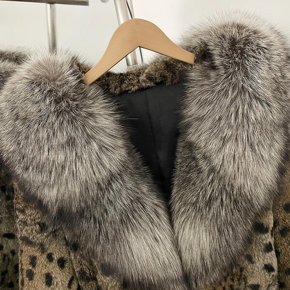 OFTBUY Kapuzenjacke mit Gürtel, Damen, Neu, warm, mit natürlichem Fuchspelzkragen, Winterbekleidung, Damen, Leopardenmuster, echter Kaninchenpelzmantel. – Detail 8
