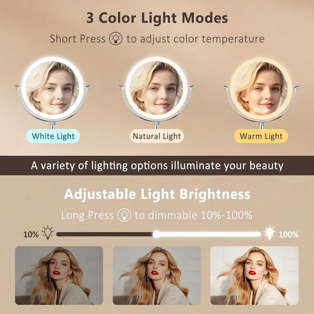 مرآة مكياج مضيئة: 4000 مللي أمبير قابلة لإعادة الشحن، مكبرة مزدوجة الجوانب 1x/10x، تعتيم 3 ألوان، 360 درجة ° مرآة الغرور الدوارة واي #2