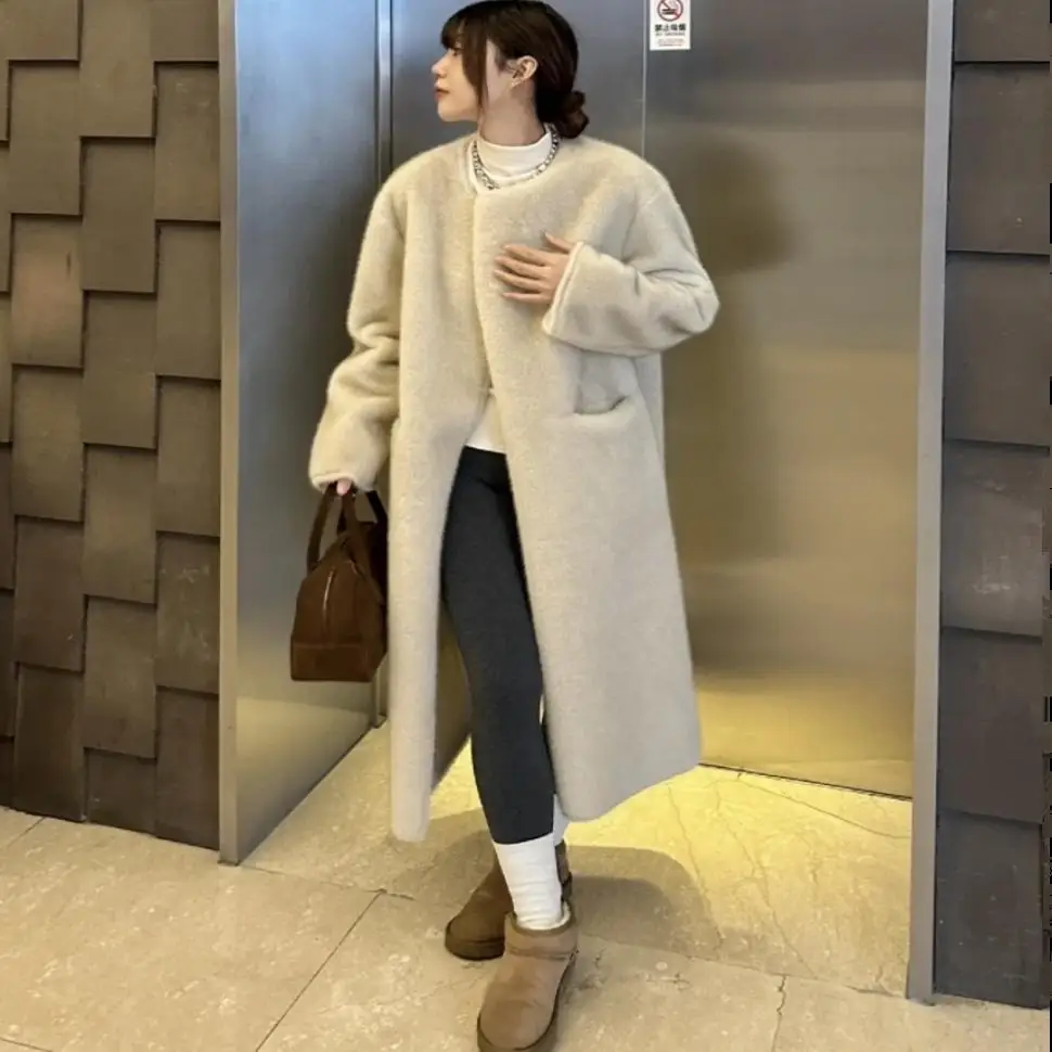 Jaket Mantel Panjang Bulu Imitasi Wanita, Mantel Leher Bulat Maxi, Jaket Streetwear Y2k Tebal Hangat, Jaket Kerja Kasual Elegan Longgar Musim Gugur Musim Dingin