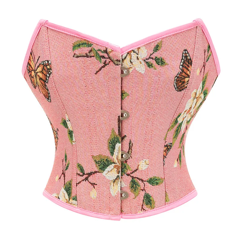 Green Flower Butterfly Printed Denim French Style Vintage Top Corset For Women 2024 Renaissance Bodice Gothic Fashion Bustier