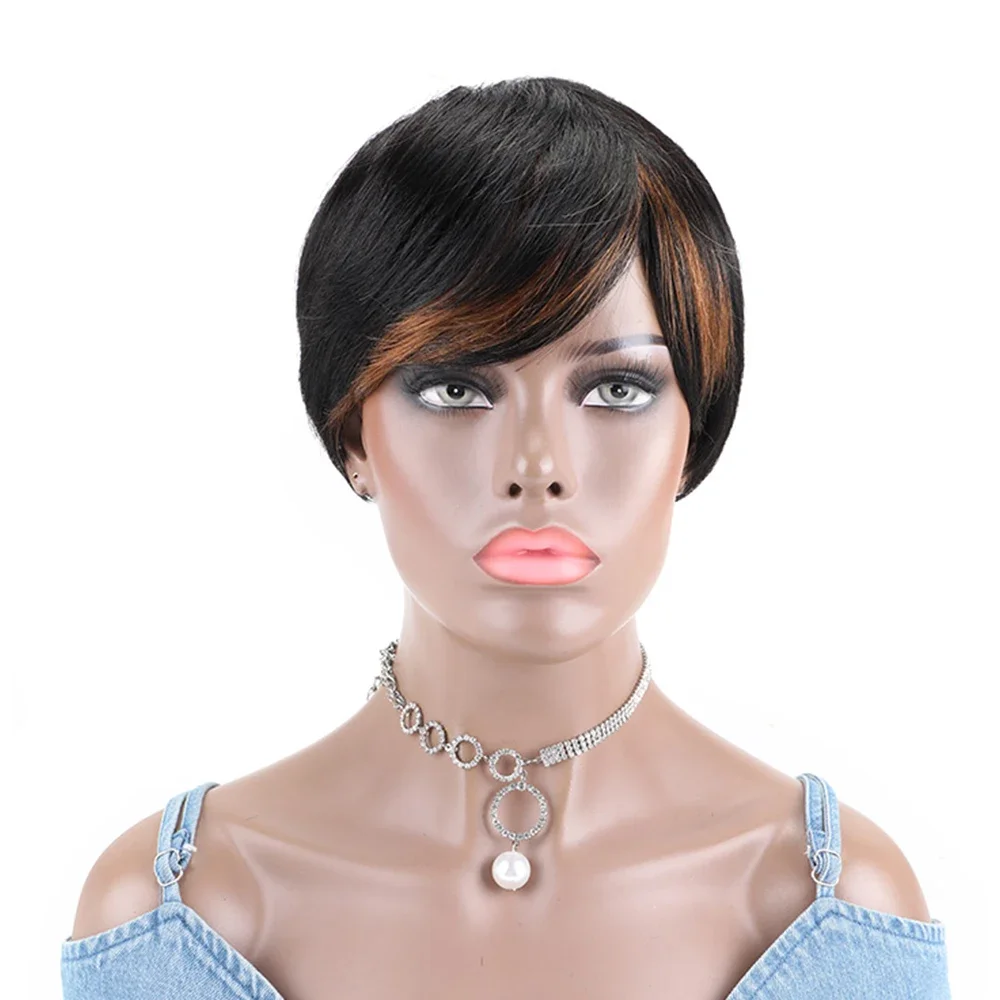 

Short Straight Human Hair Wigs with Bangs Remy Brazilian Pixie Cut Wig Full Mechanism Short Human Hair Wigs for Black Women