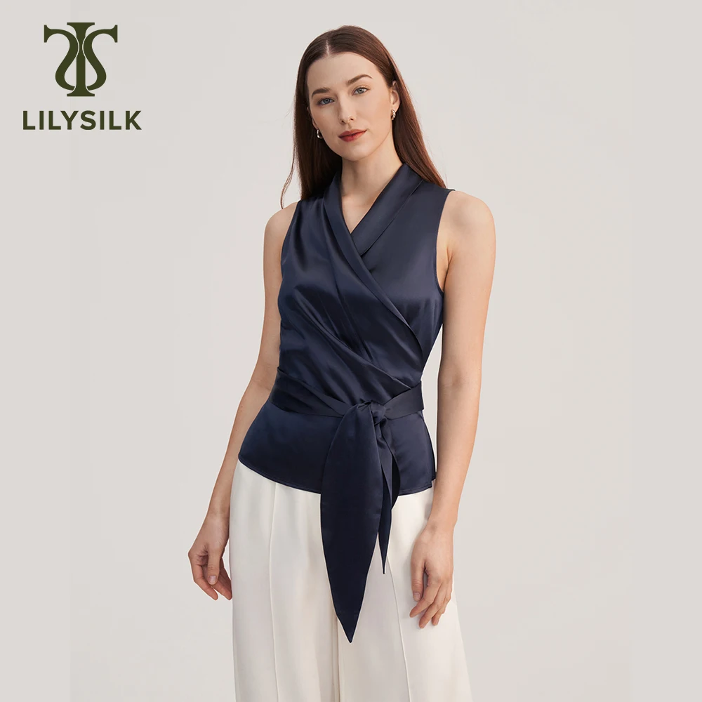 LILYSILK Silk Blouse for Women 2022 Summer New Wrap Bow Knot 22 Momme Sleeveless Top Office Ladies Elegant Outfits Free Shipping