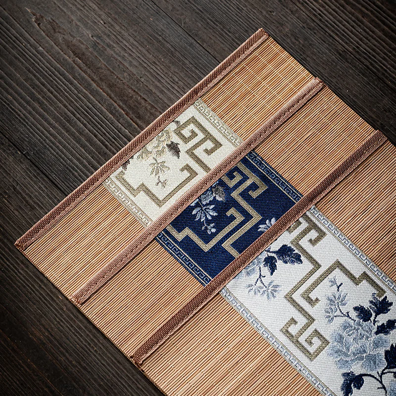 Chinese Classical Style Embroidery Tea Mat Retro Bamboo Tea Mat Photography Background Props, Tea Table Tablecloth Decor Props