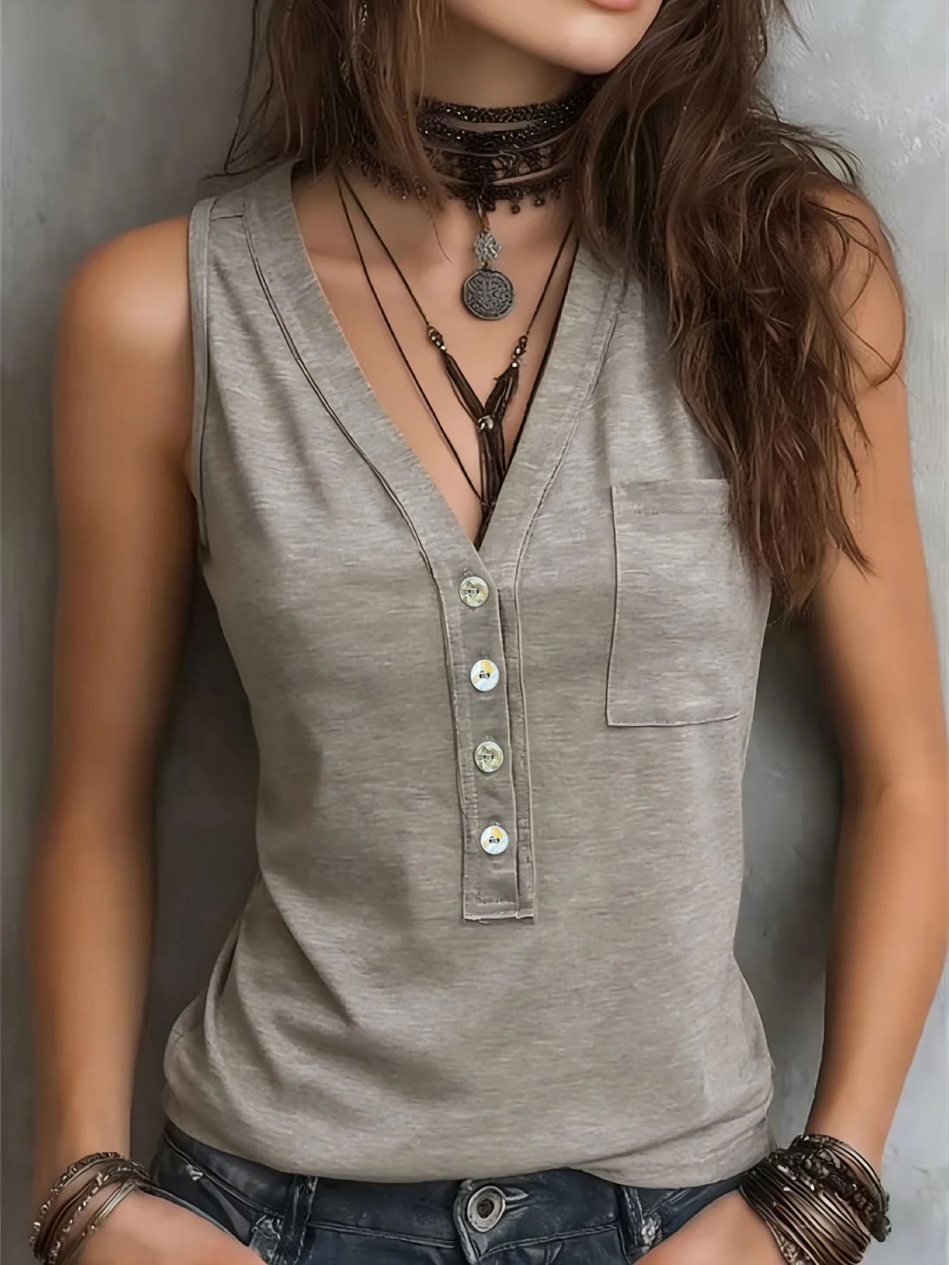 Women's V Neck Half Button Henley Tank Top Sleeveless Chest Pocket Casual Solid Basic Vest Tee
