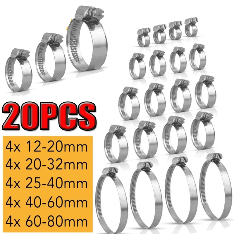 20pcs 12-80mm 304 Stainless Steel Adjustable Drive Hose Clamp Fuel Line Worm Size Clip Hoop Hose Clamp