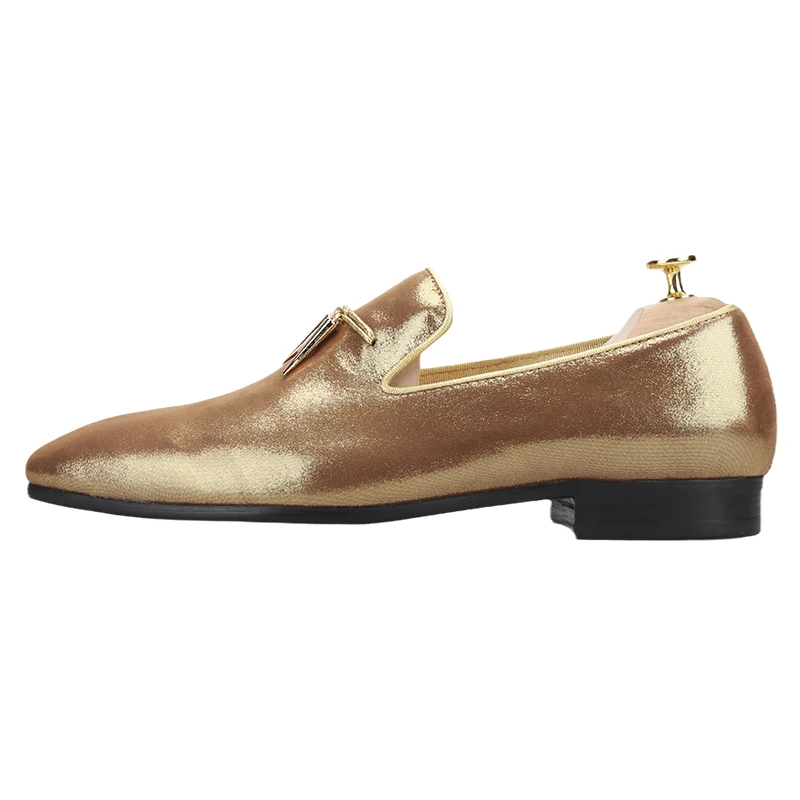 Piergitar Bright Gold Color Genuine Leather Men Loafers With Shark's Tooth Metal Buckle Tassel Handmade Slip-On Smoking Slippers