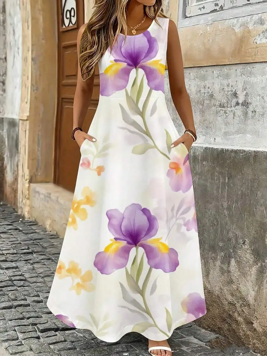 

Floral Maxi Dress White Purple Yellow Iris Print Summer Beach Vacation Outfit
