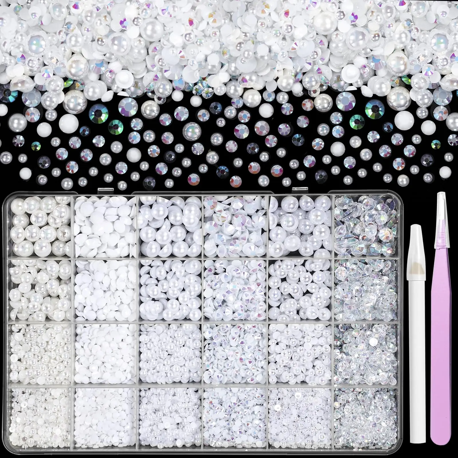 

9000Pcs Flatback Pearls and Rhinestones for Nail Art Crafts, 3/4/5/6mm Jelly Resin Rhinestones, 3/4/6/8mm Half Pearl Beads