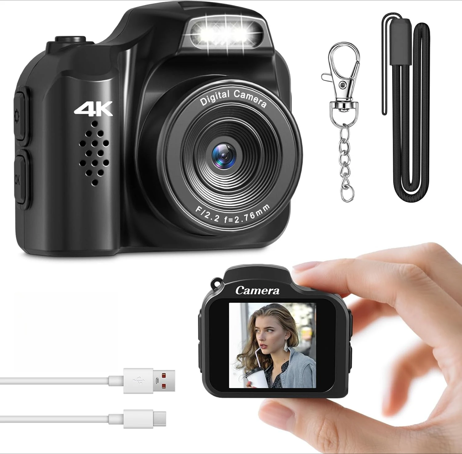 Mini caméra porte-clés 4K HD, appareil photo numérique rétro 64mp, écran HD 1.54-pouces, enregistreur vidéo Portable avec Flash, caméra à pouce