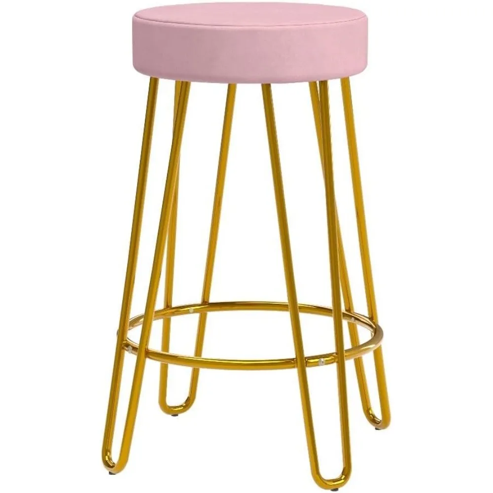바 스툴 2개 세트, 벨벳 원형 카운터 스툴, 등받이 없는 카운터 높이 바 의자, 주방 식당용 금색 다리 포함