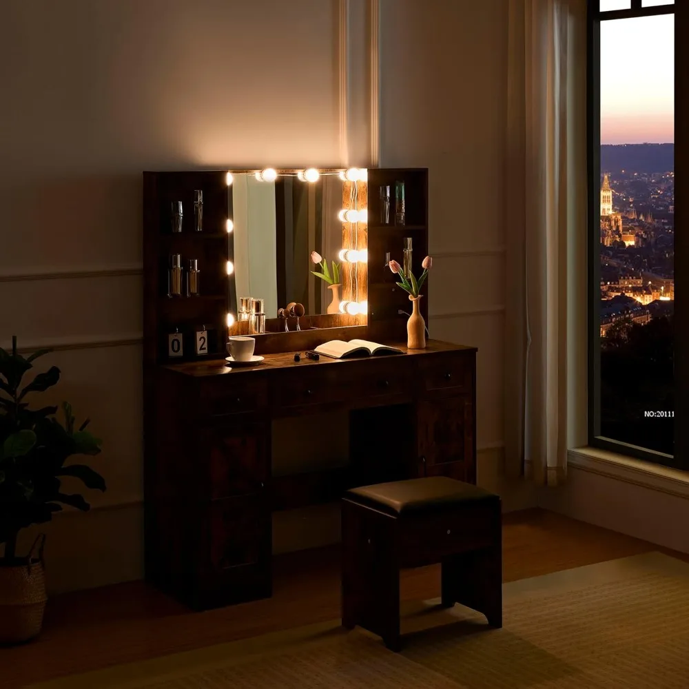 Vanity Desk with Mirror, Lights, Chair, Shelves and Drawers, Charging Station Outlet and 3 Light Modes, MDF Wood Vanity Desk