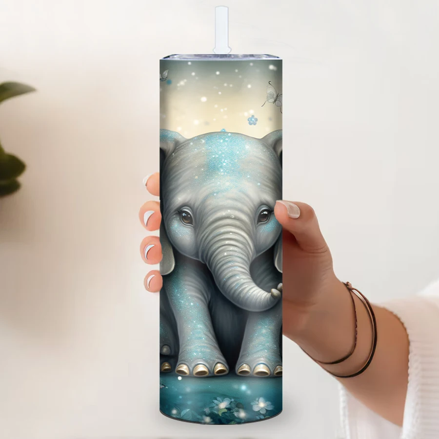 1Pc 3D Print Elephant Butterfly Tumbler 20oz Stainless Steel Party Straight Tumbler Hot Cold Insulated Drink Bottle Festive Gift