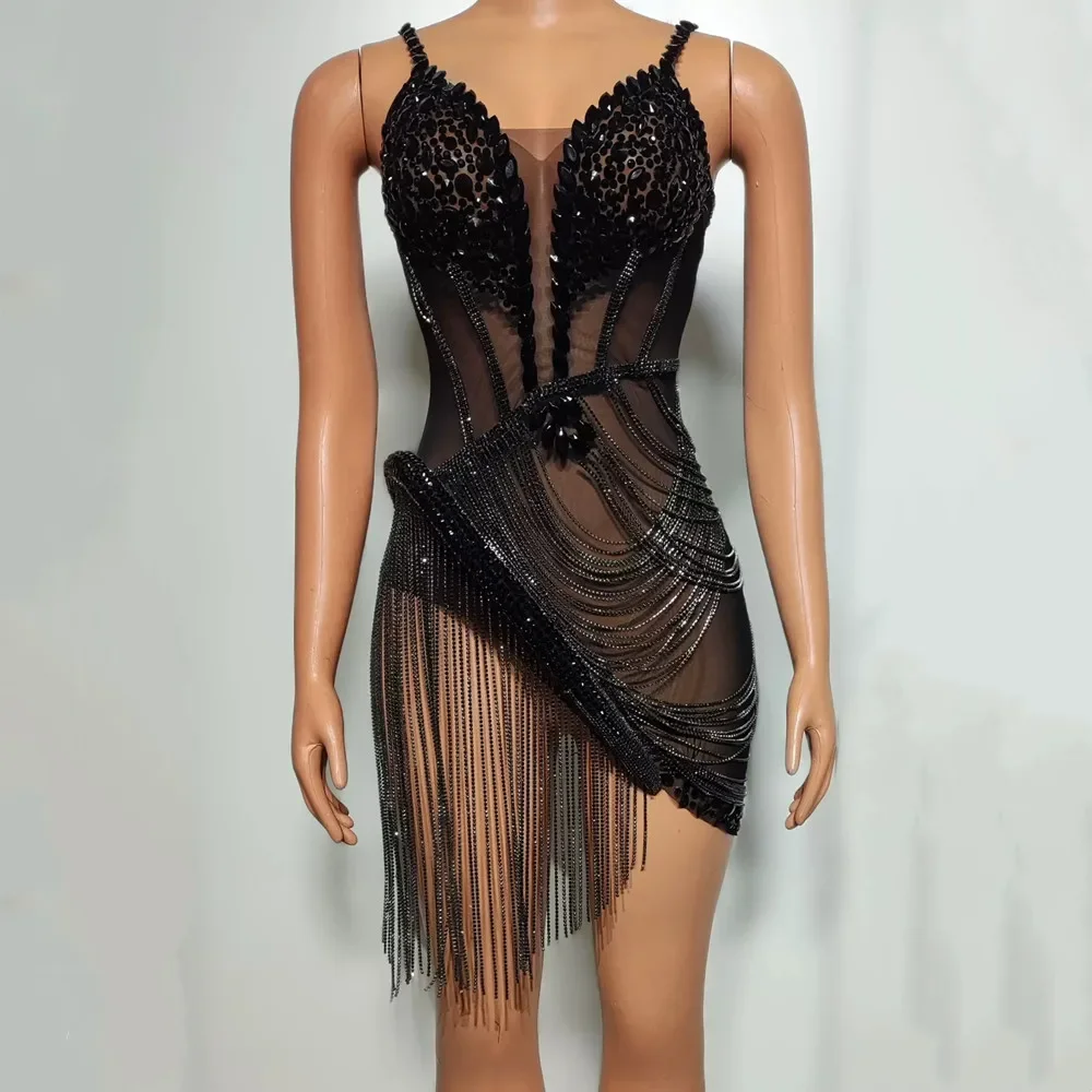 

Sexy Mesh Women Sling Short Dress Rhinestone Fringe Chains V-neck Transparent Birthday Wedding Party Tassel Dress Bar Stage Wear