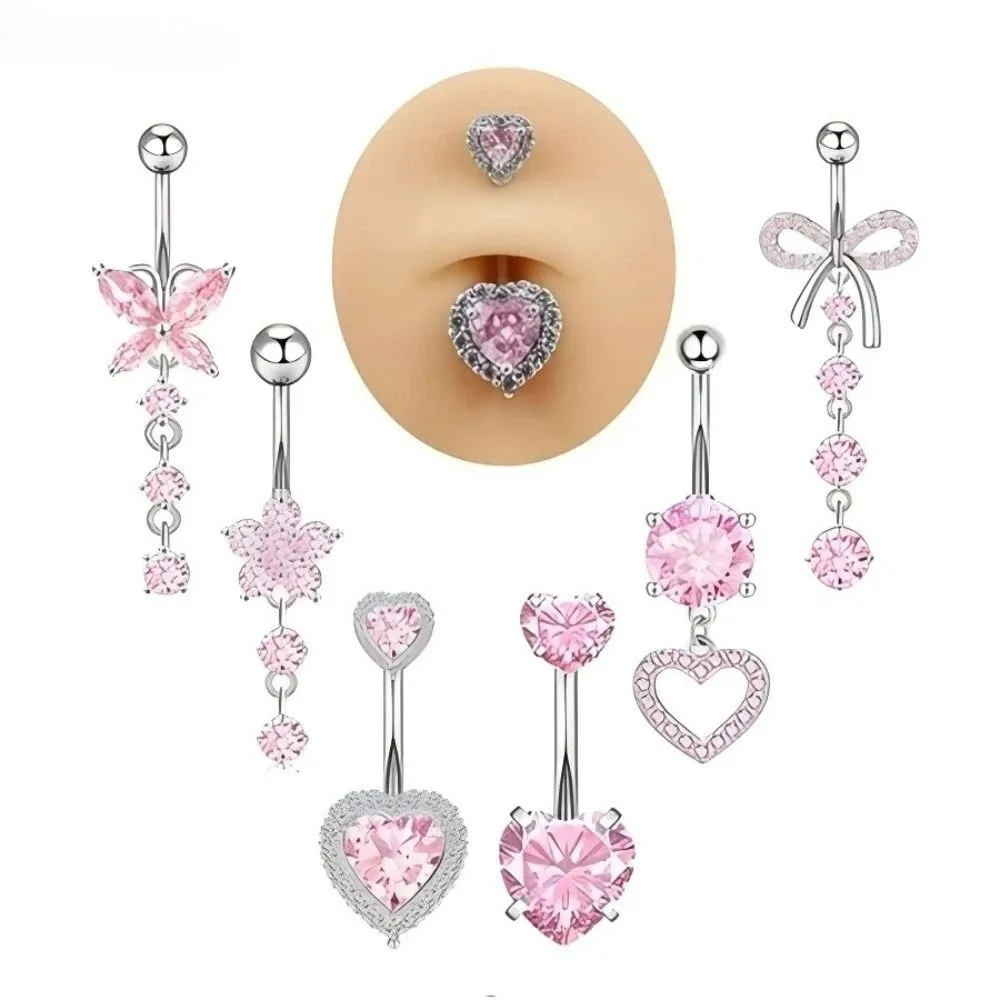 Stainless Steel Bow Belly Button Piercing Heart Shape Copper Belly Button Ring Pink Zircon Navel Piercing Jewelry Body Jewelry