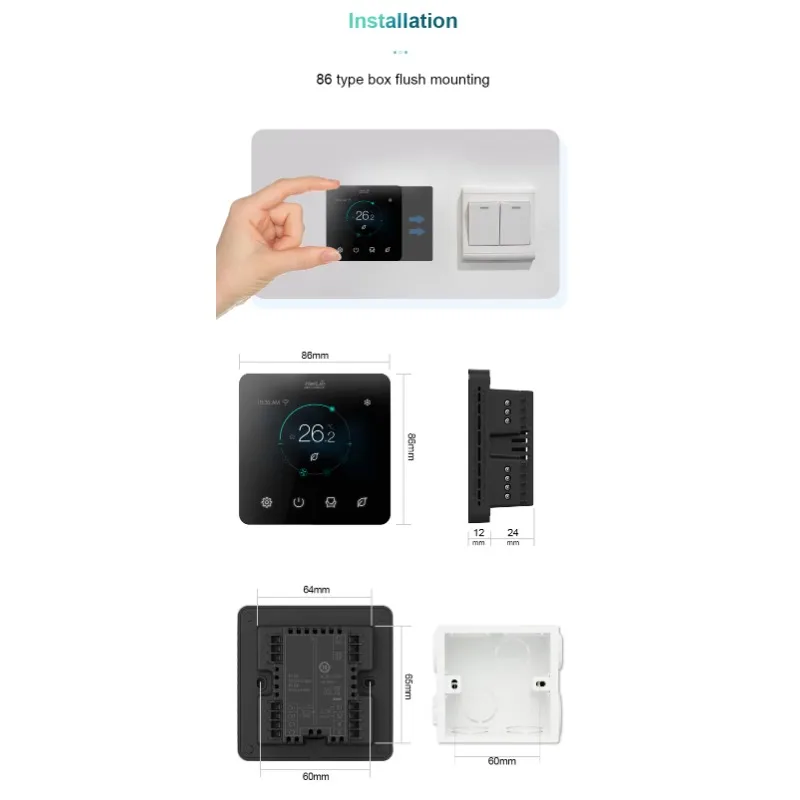 

HaiLin Color Touch Screen Smart Wi-Fi Thermostat for FCU+Hydronic Floor Heating 220V AC Flush Mounting Tuya App Vivi D Series