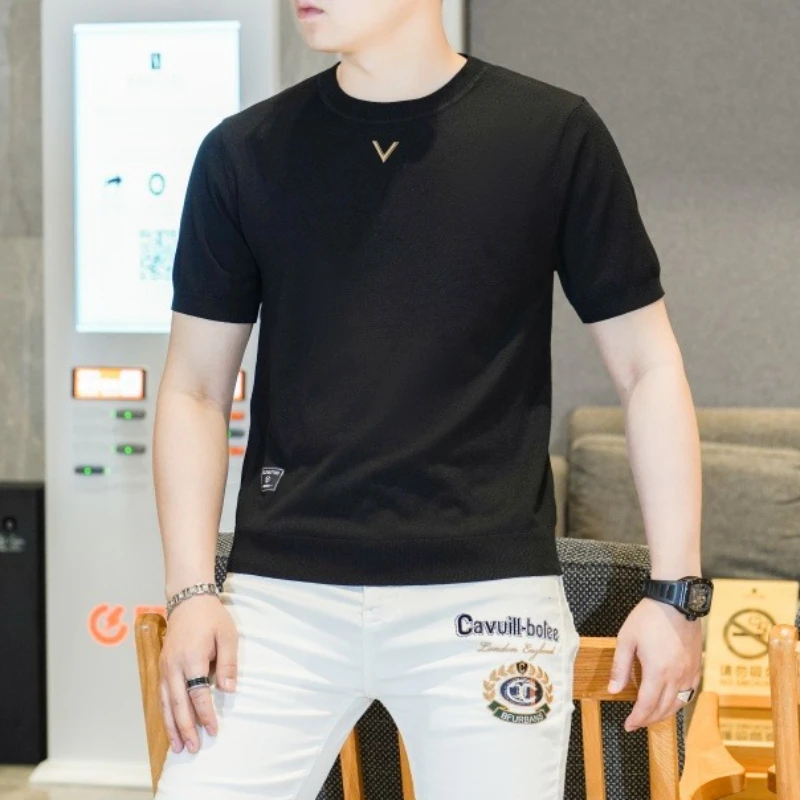 

High Quality Ice Silk Knitted Round Neck T-shirt for Men Fashion Short Sleeve Casual Tshirts Social Business Street Wear T-shirt