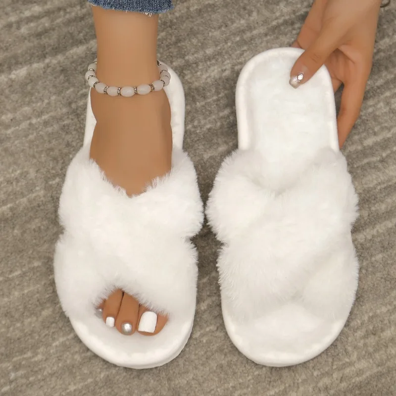 Women Cozy Fuzzy Open Toe Slippers Warm Flat Plush Indoor Outdoor Slides Non‑Slip Home Footwear Autumn Winter