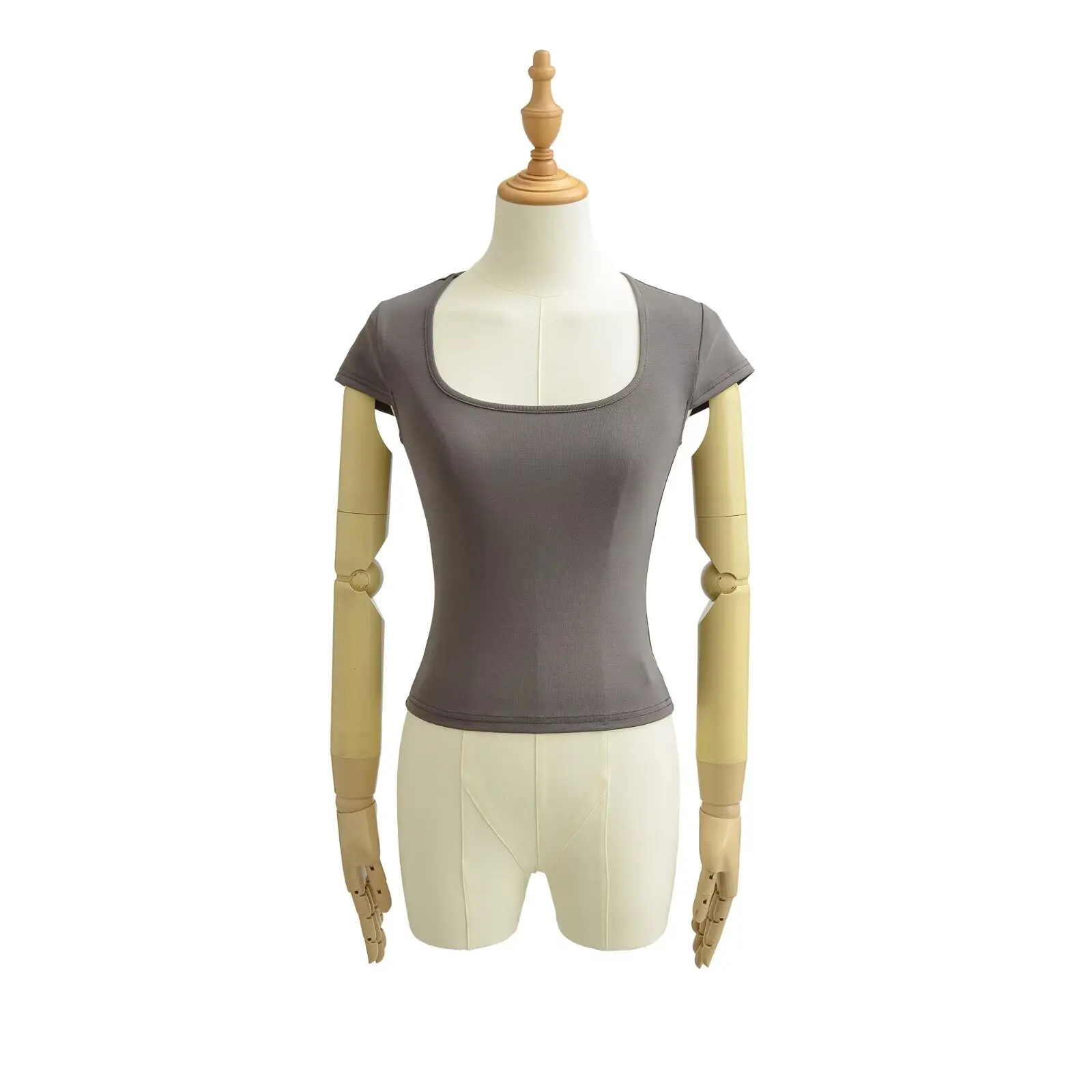 Slim Fit U-Neck Short Sleeve T-Shirt Breathable Casual Style Pure Color Summer Top for Women High Waist Design No Hat