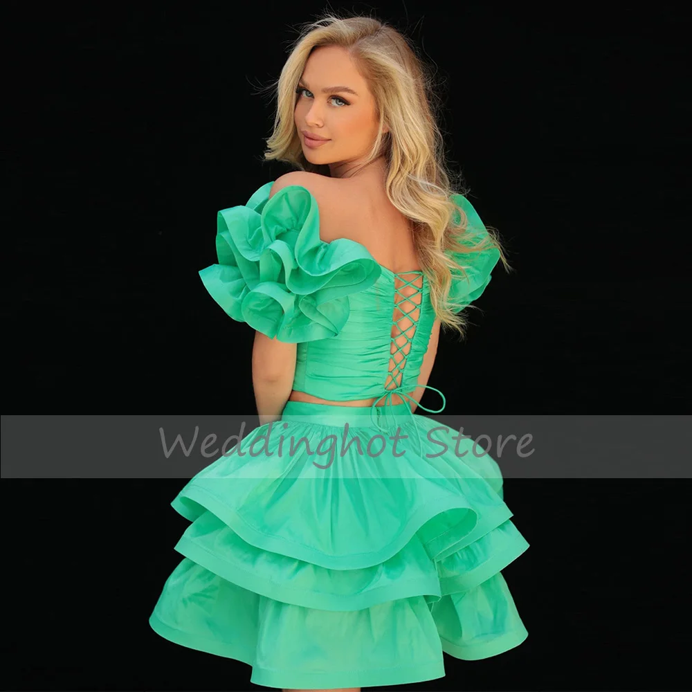 Green Cocktail Dress 2023 Puff Sleeves Sweetheart Mini  Gown for Women 2 Pieces Crop Top Ruffle Ball  Party Dresses