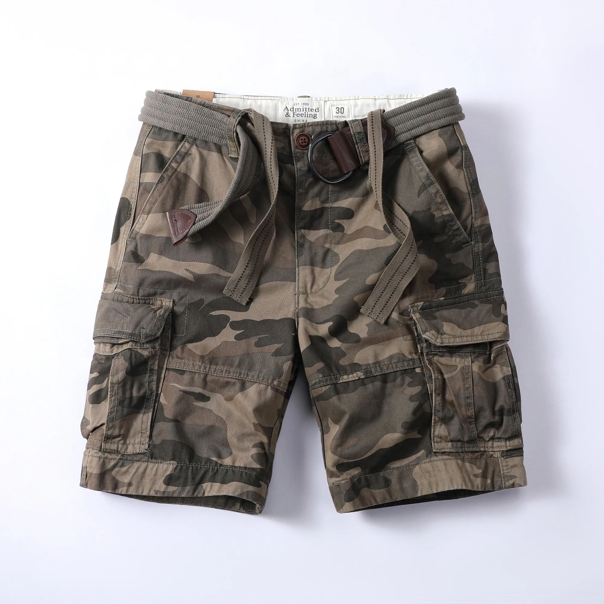 Retro Style Men's Summer Outdoor Casual Shorts Multi Pockets Sports Shorts Straight Knee Length Plus Size Cargo Shorts with Belt
