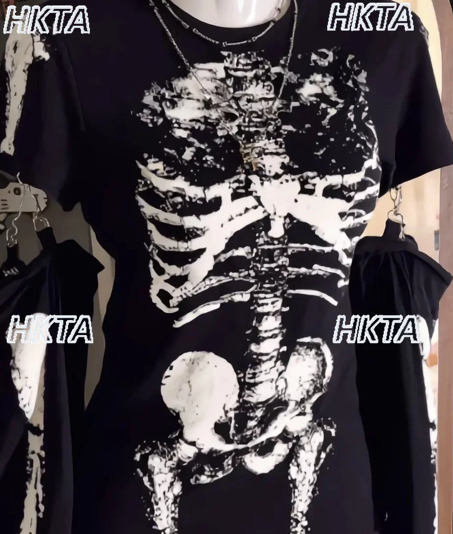 Japanese 2026 Summer New Subculture Dark Y2k Street Print Slim Top Black Tshirt Millennial Personality Long Sleeve T Shirt Women