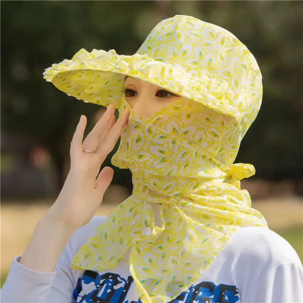 Casual Printing Tea Picking Hat Sun Protection UV Protection Sunshade Shawl Cap Wide Brim Face Mask Neck Protection Hat Climbing