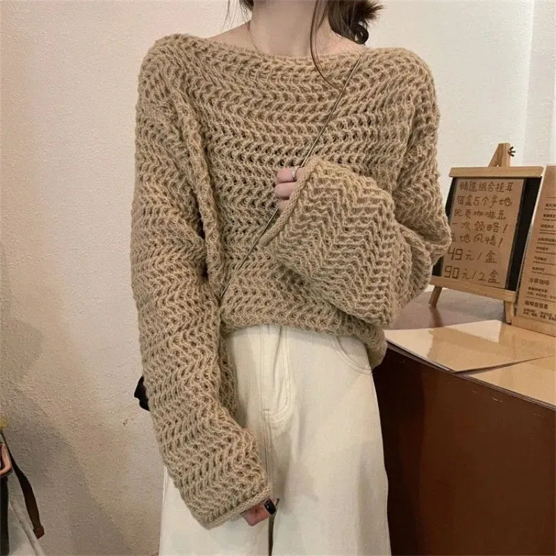 Sexy Hollow Out Knit Sweater Women Y2K Korean Loose Long Sleeve O Neck Pullovers Autumn Thick Warm Solid All Match Jumpers New