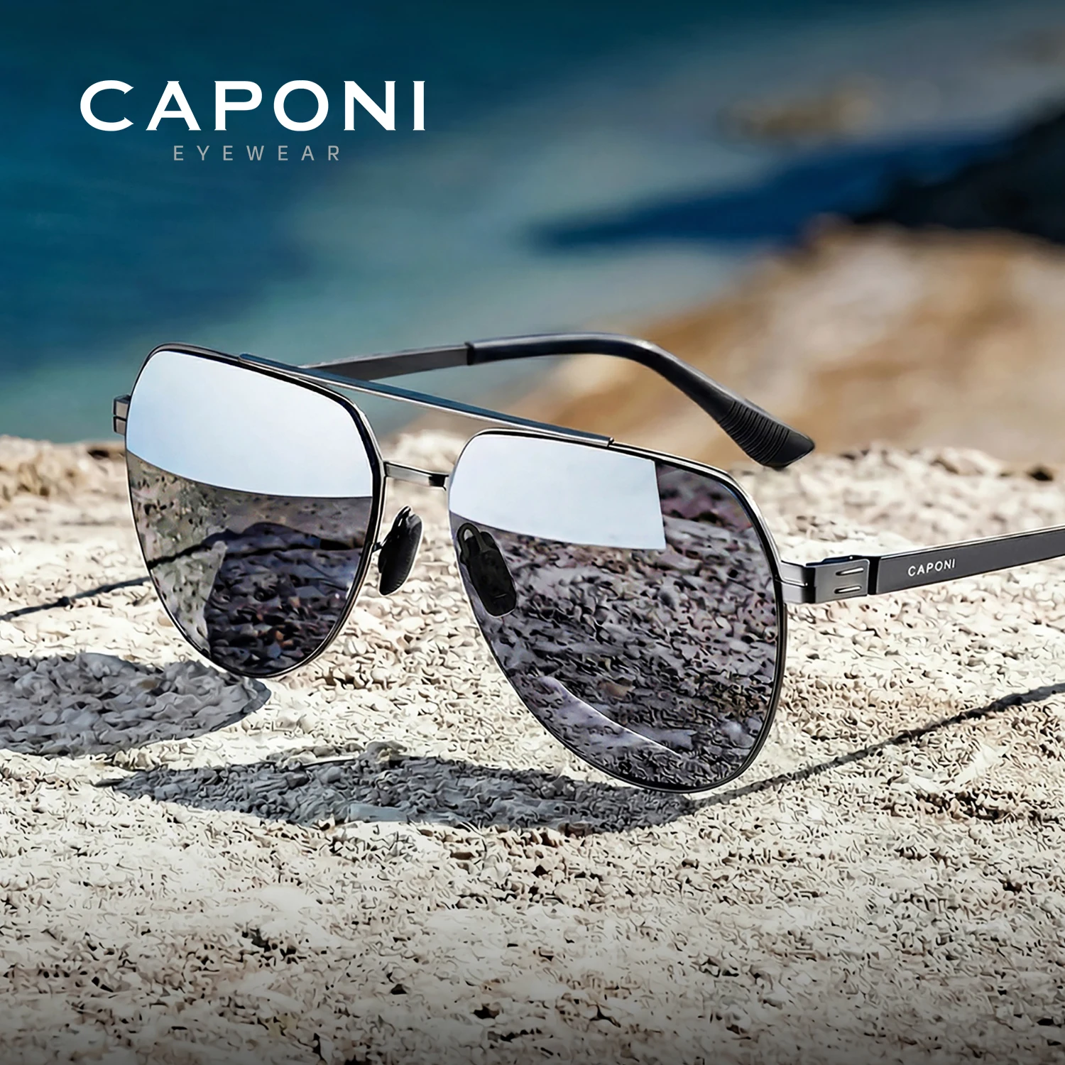 CAPONI Occhiali da sole polarizzati da uomo per esterni fotocromatici con doppio ponte in acciaio inossidabile, antiabbagliamento, neri, modello BS34729