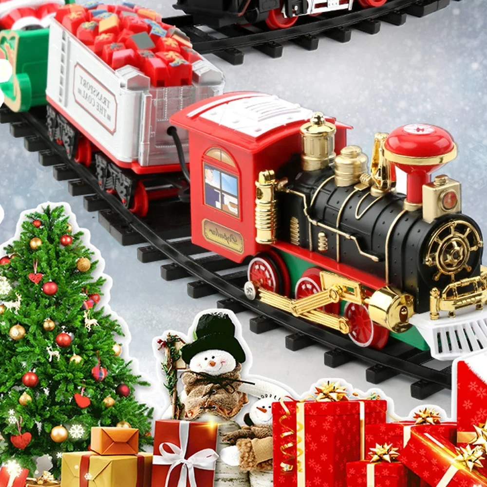 Tren de Navidad eléctrico de juguete, decoración de árbol de Navidad, marco de pista de tren, coche de ferrocarril con sonido y riel ligero, regalos