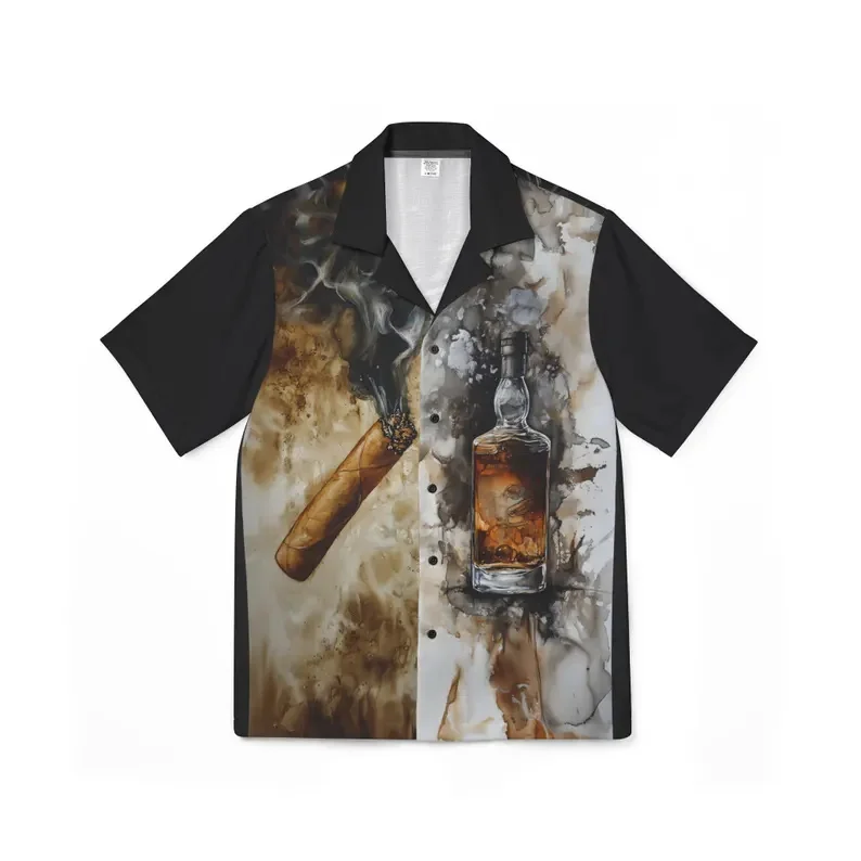 

Men's Cigar & Whiskey Print Hawaiian Shirt Retro Watercolor Style Short Sleeve Button Down Surfing Shirts Casual Party Wear