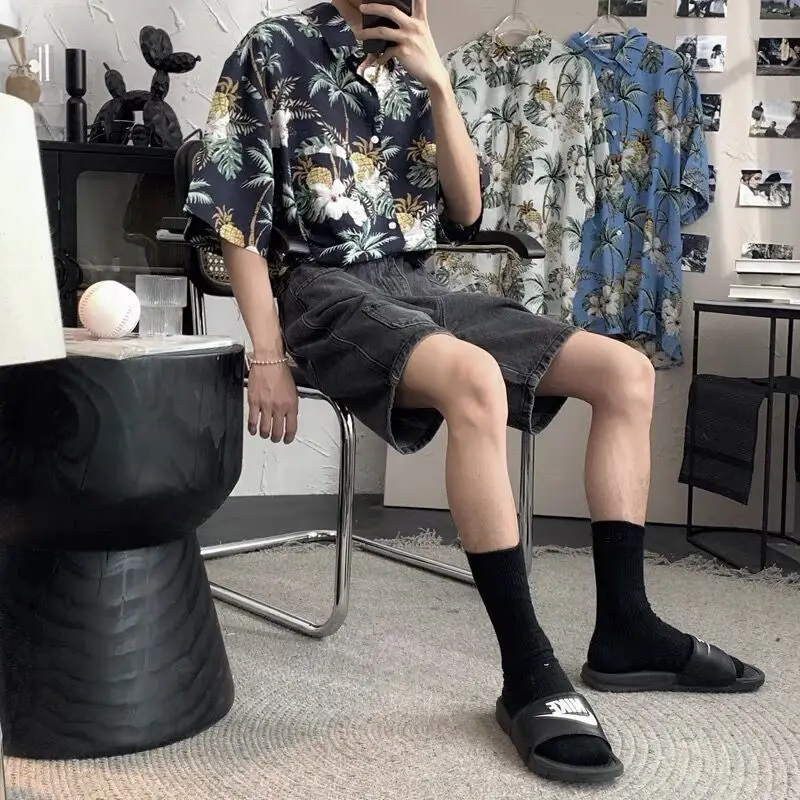 Men's Holiday Casual Short Sleeve Aloha Hawaiian Shirt Short Sleeve Palm Tree Printed Tropical Aloha Blue Shirts Camisa Hawaiana