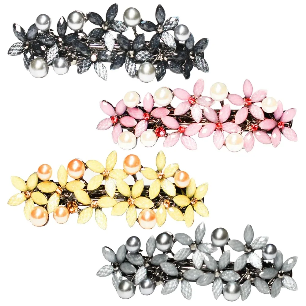 

Заколки для волос, 4 шт., заколки для волос со стразами и жемчугом для женщин и девочек, блестящие заколки со стразами и цветами во французском стиле