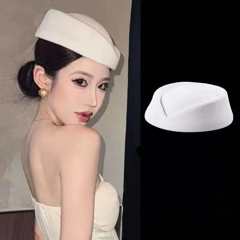 Beret Hat Caps - Airline Stewardess Vintage Flat Top, Black Hair Clip Hat